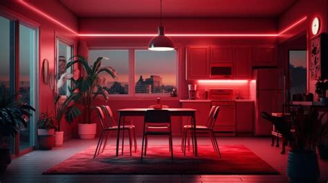 Premium Photo | Red lighting modern farmhouse kitchen and living room ...