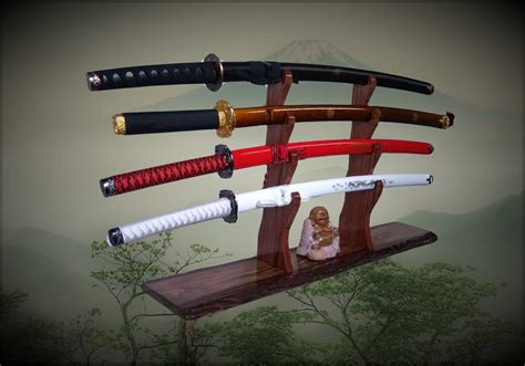 Rustic 4 Tier Sword Stand Display Walnut Base Katana Wakizashi Tanto Samurai Mantel Desk Top ...