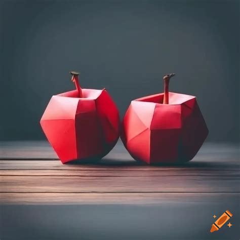 Pair of red apples on a dark wood table with origami on Craiyon