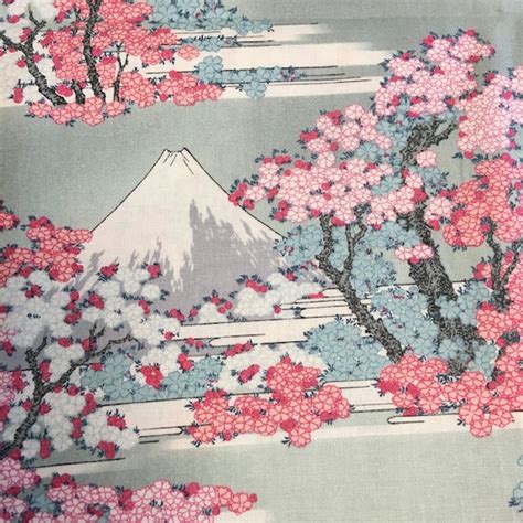 Mt Fuji and Cherry Blossoms by Hokusai Katsushika / Japanese Design Fabric - 108cm x 50cm from ...