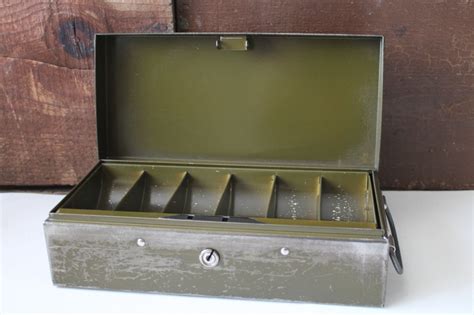 old metal cash box lock box w/ till divided tray insert, drab green ...