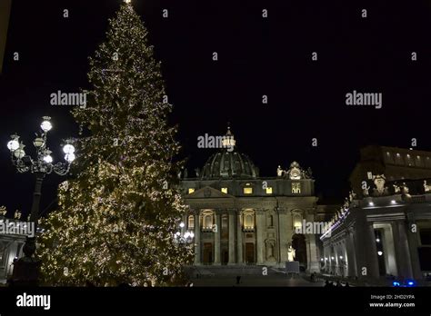 Piazza San Pietro, the nativity scene, and the Christmas tree decorated ...