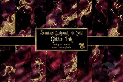 Burgundy and Gold Glitter Ink Digital Paper, Liquid Foil and Gold Glitter Seamless Backgrounds ...