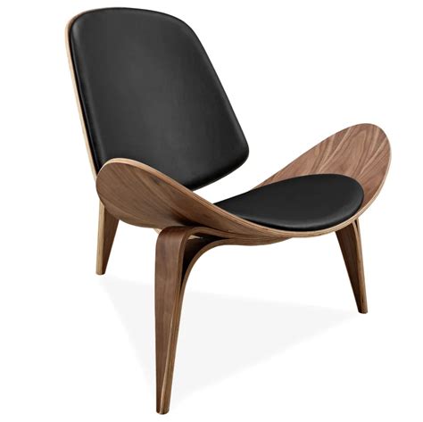 Hans Wegner Style Three-Legged Shell Chair Ash Plywood Black Faux Leather Living Room Furniture ...