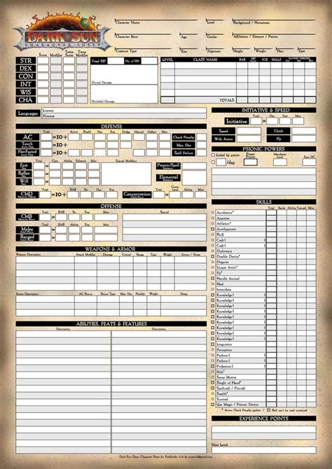 Dark Sun Pathfinder Character Sheet - Page 1 by Antariuk on DeviantArt