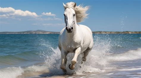 Premium AI Image | White Horse Running On The Beach