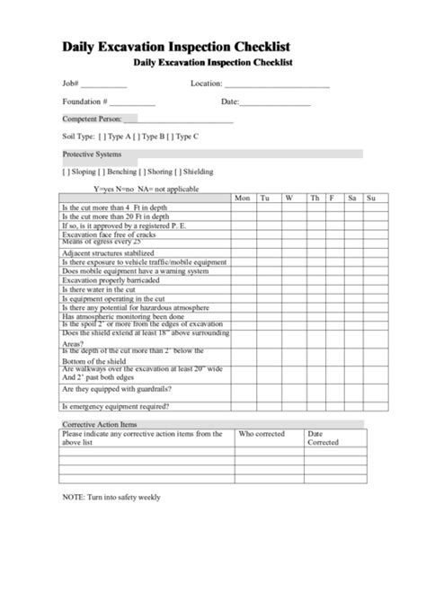 Daily Excavation Inspection Checklist Template printable pdf download