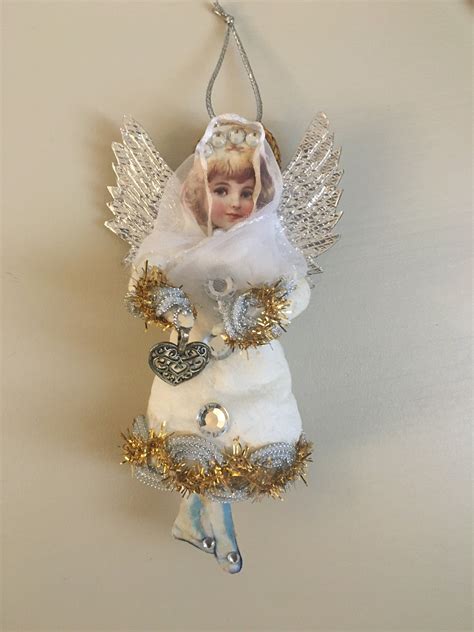 Spun cotton christmas ornament angel with silver foil wings | Etsy