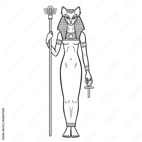 Animation portrait Ancient Egyptian goddess Bastet (Bast) holds symbols ...