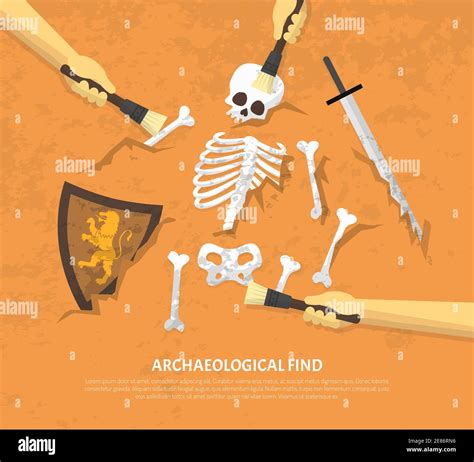 Archaeological site discovery poster with new unearthed finds medieval knight remnants on sand ...
