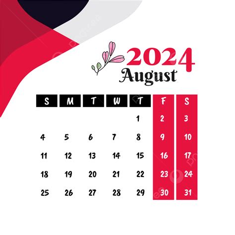 August 2024 Monthly Calendar Vector, August 2024, August 2024 Calendar, Calendar 2024 PNG and ...