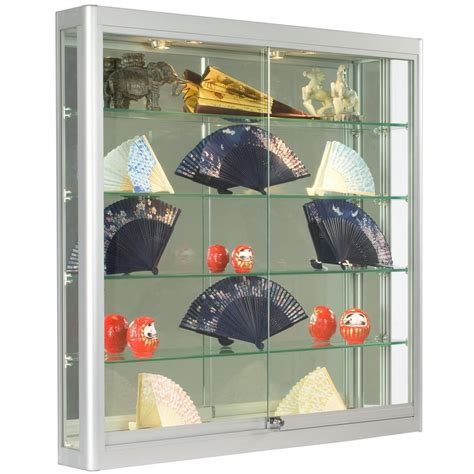 Wall-Mounted, Silver Aluminum Glass Display Case, Illuminated, Locking Sliding Glass Doors ...