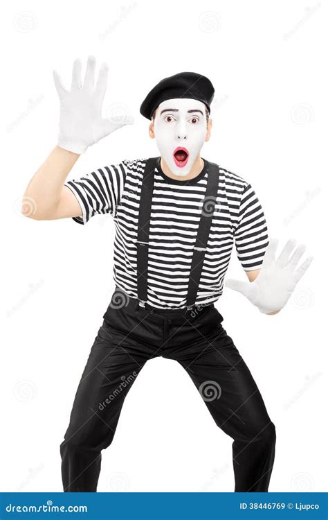 Male Mime Artist Performing Isolated on White Background Stock Image - Image of striped, excited ...