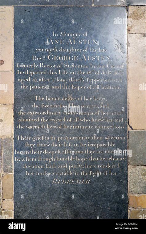 Jane Austen 's grave stone memorial in the Nave of Winchester Cathedral ...