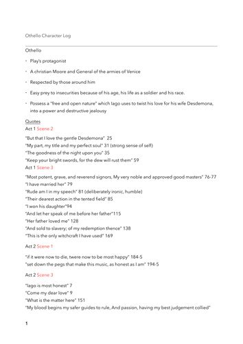 Othello Quotes and Key Notes on Characters | Teaching Resources