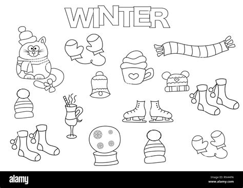 Hand drawn winter set. Coloring book template. Outline doodle elements vector illustration. Kids ...