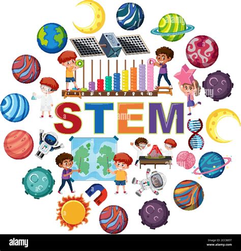 Stem logo with kids and education objects and many palnets isolated illustration Stock Vector ...