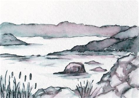 Original Pen and Ink Wash Landscape Painting Nova Scotia Small