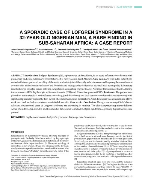 (PDF) A Sporadic Case of Lofgren Syndrome in a 32 year old Nigerian man. A rare finding in Sub ...