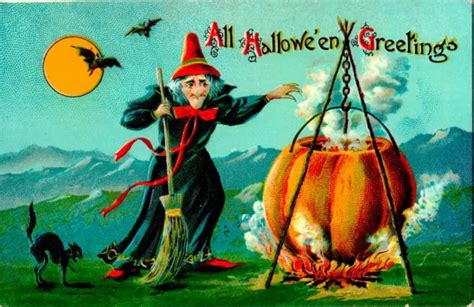 VINTAGE UGLY WITCH, Boiling Pumpkin Cauldron, Cat, Bats, Moon Halloween ...