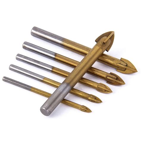 6pcs Titanium Coated Glass Drill Bits Set 4 Cutting Edges Cross Spear Head Drill with Hex Shank ...