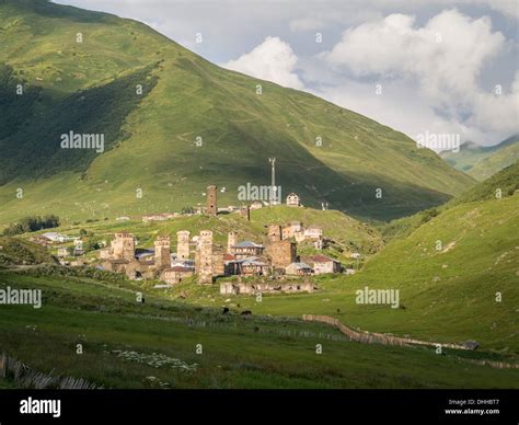 Ushguli in Upper Svaneti, Georgia. Ushguli is famous for its well preserved medieval defensive ...