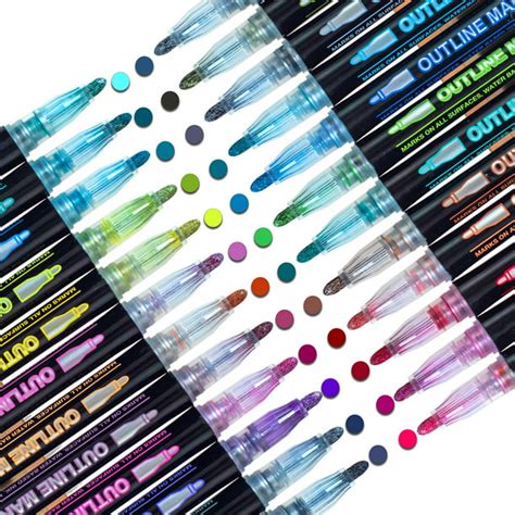 12 Colors Double Line Metallic Pen Set Shimmer Outline Markers, Sparkle Self-Outline Doodle ...