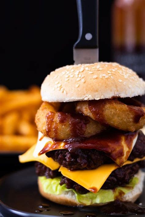 Double BBQ Cheeseburger with onion rings and baconnaise | Sandwich day, Food, Double cheeseburger