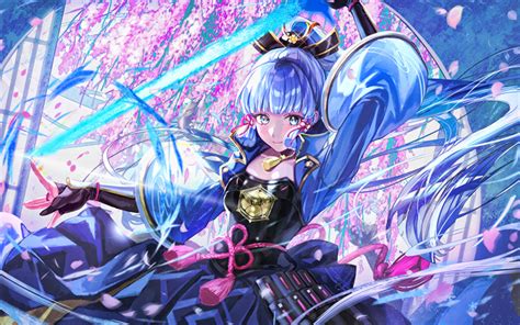 Download wallpapers Kamisato Ayaka, blue sword, Genshin Impact, artwork, manga, Kamisato Ayaka ...