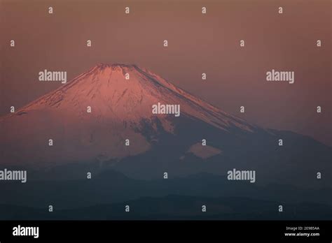 A January sunrise on Mount Fuji as seen from Hayama, Japan Stock Photo ...