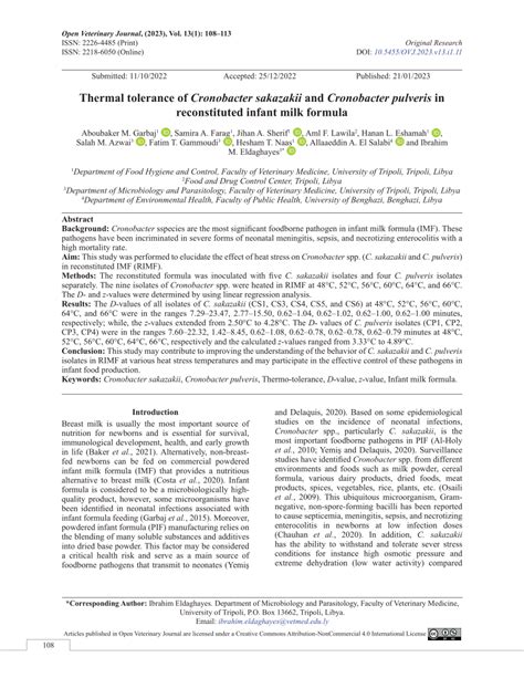 (PDF) Thermal tolerance of Cronobacter sakazakii and Cronobacter pulveris in reconstituted ...