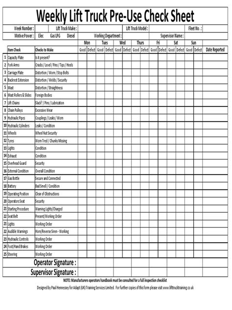 Forklift Training Template Free - Forklift Safety Inspection Checklist Book - The Equipment Log ...