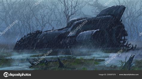 Crashed Spaceship Wet Land Fiction Backdrop Concept Art Realistic Illustration Stock Photo by ...