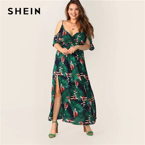 SHEIN Plus Size Multicolor Cold Shoulder Tropical Print Belted Split ...