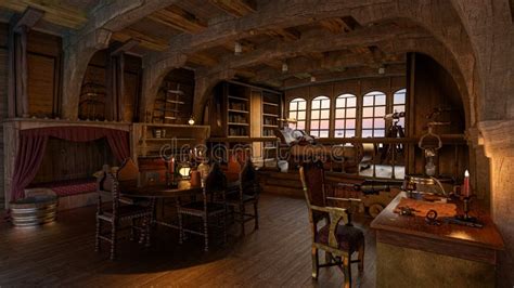 Old Wooden Pirate Ship Captain`s Cabin Interior. 3D Rendering Stock Illustration - Illustration ...