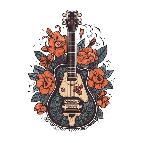 A beautiful guitar adorned with flowers in this stunning illustration ...