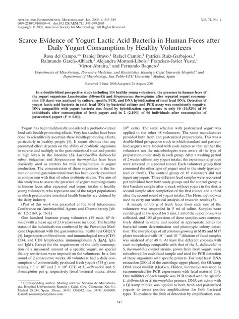 (PDF) Scarce Evidence of Yogurt Lactic Acid Bacteria in Human Feces ...