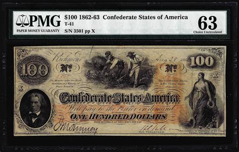 1862 $100 Confederate States of America Note T-41 PMG Choice Uncirculated 63 - BK Auctions