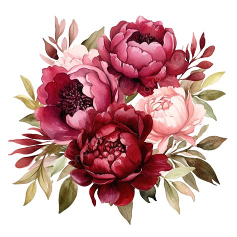 Watercolor Burgundy Peonies Flower Bouquet, Beauty, Bloom, Blossom PNG ...