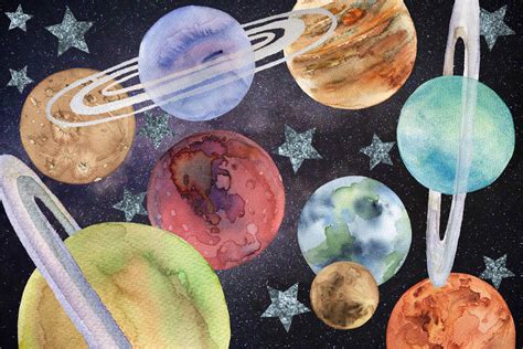 Planets and Moon watercolor set. (515935) | Illustrations | Design Bundles