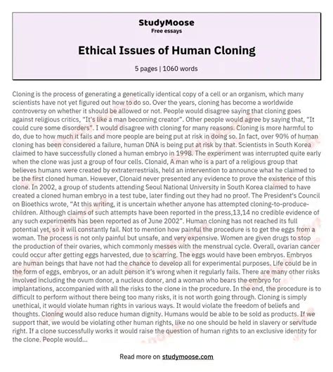 Ethical Issues of Human Cloning Free Essay Example