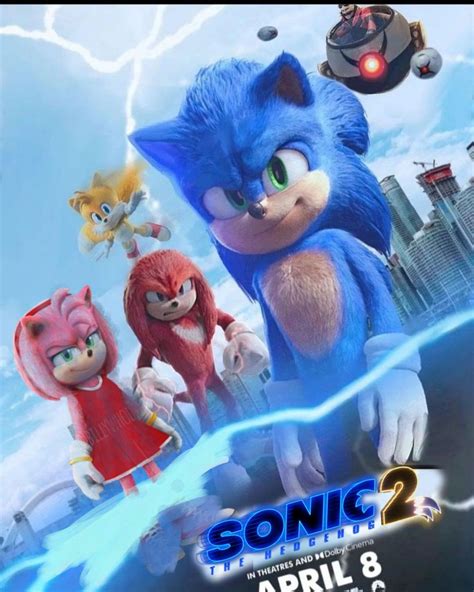 sonic the hedgehog movie poster with characters in front of cityscape and lightning