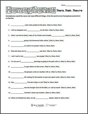 Free Printable: Homophones (They're, Their, There) - We Are Teachers