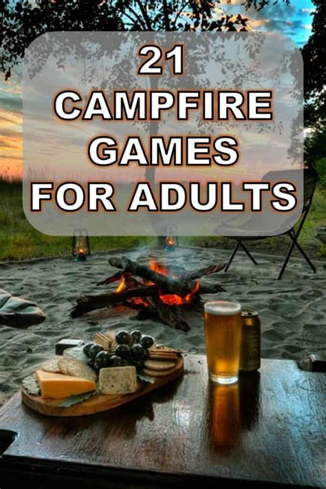 camping games for adults with beer and cheese on a table in front of a campfire