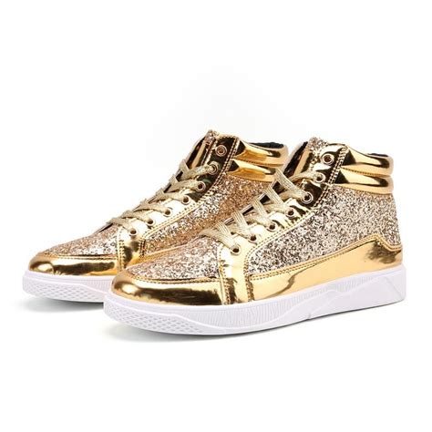 2019 Cool Men High Top Men Gold Glitter Sneakers Lace Up Platform Flats ...