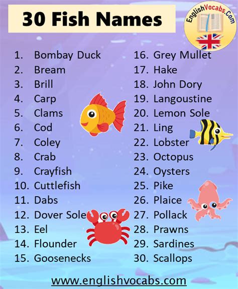 30 Fish Names List - English Vocabs