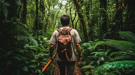 Premium AI Image | A man walks through a jungle with a backpack on.