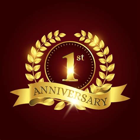 1st anniversary celebration. Luxury celebration template with golden laurel and ribbon on dark ...