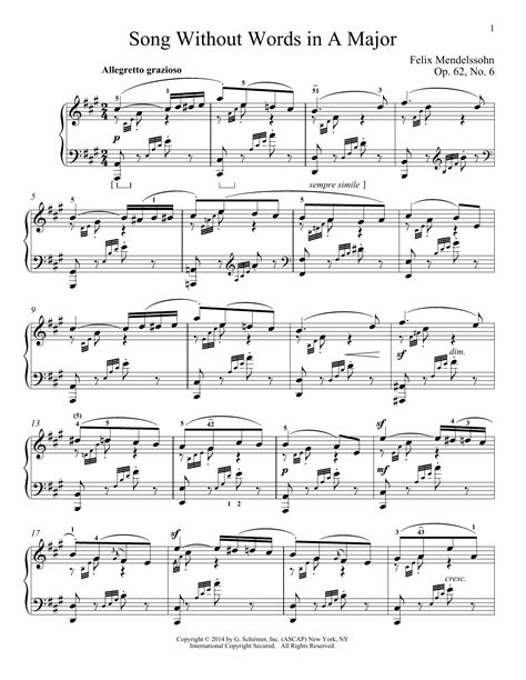 Song Without Words In A Major, Op. 62, No. 6 sheet music by Felix ...