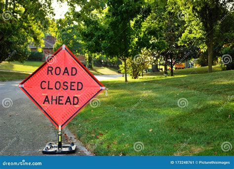 Road Closed Ahead Construction Sign in a Residential Neighborhood Stock Image - Image of build ...